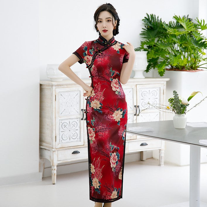 silk mandarin collar dress Mulberry Silk cheongsam, green floral color, Evening Dress, mandarin collar M
