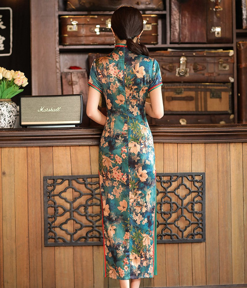 Mandarin Collar Floral Silk Full Length Traditional Cheongsam Chinese IDREAMMART Mandarin Collar Floral Silk Full Length Traditional Cheongsam Chinese IDREAMMART