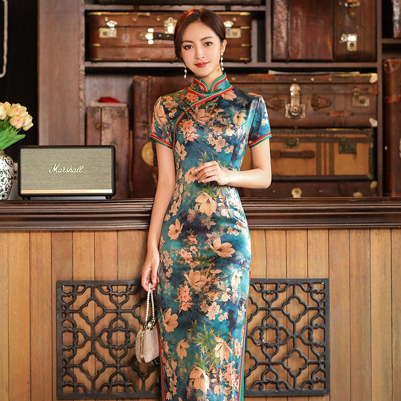 chinese collar silk dress Sage Blue Silk Cheongsam Dress | Ink Floral Print Long Qipao with Mandarin Collar