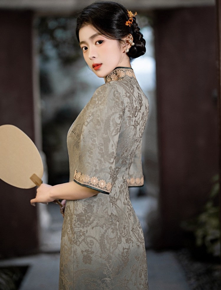 Trumpet Sleeve Floral Silk Full Length Retro Old Shanghai-Style Cheongsam Chinese Dress Grey / S Trumpet Sleeve Floral Silk Full Length Retro Old Shanghai-Style Cheongsam Chinese Dress Grey / S