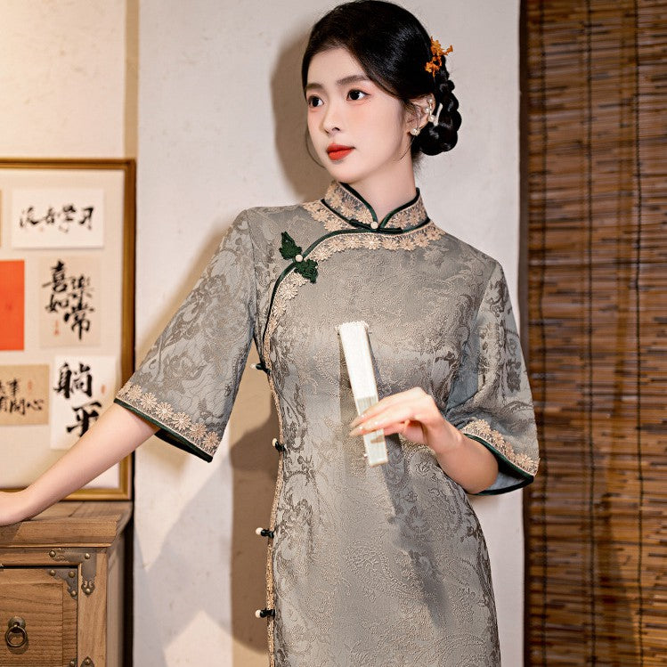 Trumpet Sleeve Floral Silk Full Length Retro Old Shanghai-style Cheong – IDREAMMART