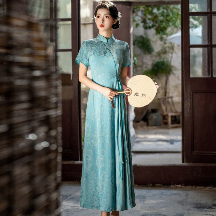 Short Sleeve Floral Silk Full Length Cheongsam Chinese Dress Tea Dress Short Sleeve Floral Silk Full Length Cheongsam Chinese Dress Tea Dress
