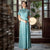 Short Sleeve Floral Silk Full Length Cheongsam Chinese Dress Tea Dress