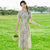 Short Sleeve Floral Silk Full Length Cheongsam Chinese Dress Day Dress with Butterfly knot