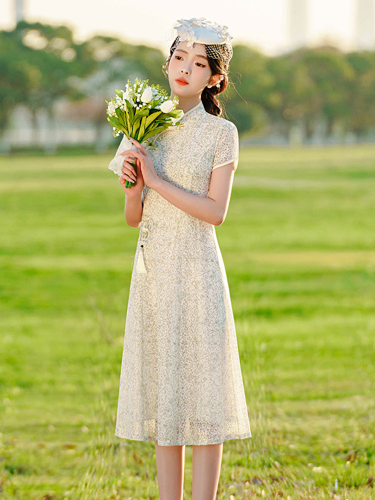 Short Sleeve Floral Silk Tea Length Cheongsam Chinese Dress Day Dress with Tassel Beige / M Short Sleeve Floral Silk Tea Length Cheongsam Chinese Dress Day Dress with Tassel Beige / M