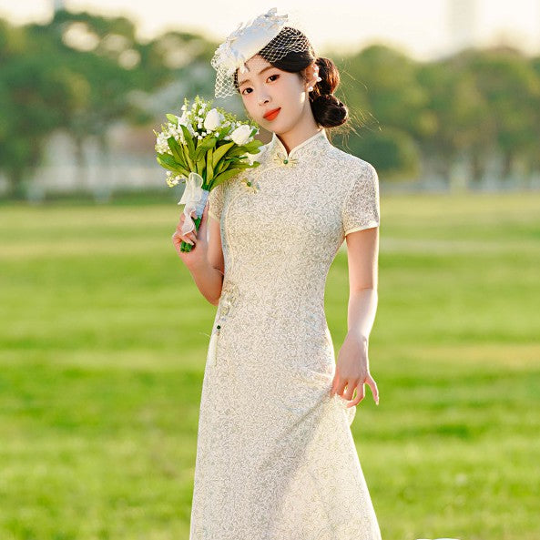 Short Sleeve Floral Silk Tea Length Cheongsam Chinese Dress Day Dress with Tassel Beige / M Short Sleeve Floral Silk Tea Length Cheongsam Chinese Dress Day Dress with Tassel Beige / M