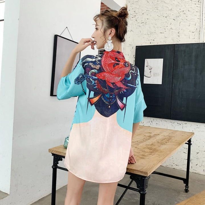 Koi Fish Pattern Mandarin Sleeve Cheongsam Top Chinese Style T-shirt