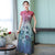 Cap Sleeve Tea Length Floral Embroidery Silk Cheongsam Chinese Dress