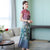 Cap Sleeve Tea Length Floral Embroidery Silk Cheongsam Chinese Dress