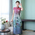 Cap Sleeve Tea Length Floral Embroidery Silk Cheongsam Chinese Dress