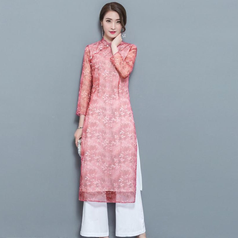 Illusion Sleeve Cheongsam with Loose Pants Chinese Costume 2-piece Suit