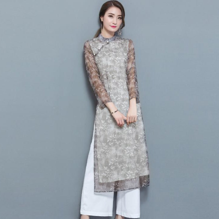 Illusion Sleeve Cheongsam with Loose Pants Chinese Costume 2 piece Suit