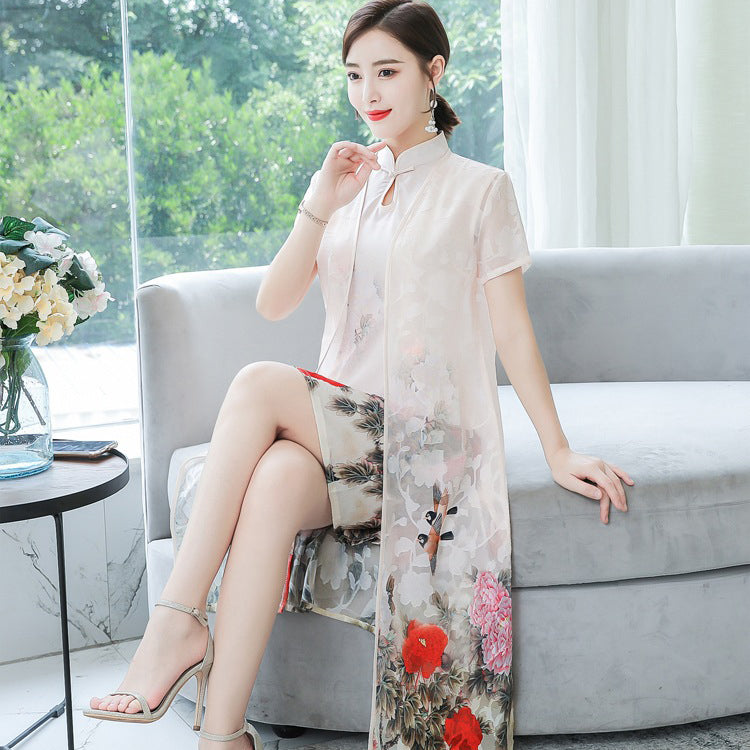 Knee Length Cheongsam Floral Chinese Costume 2-piece Suit