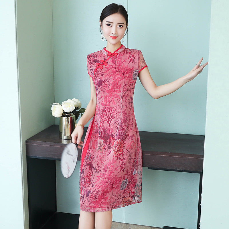 Mandarin Collar Cap Sleeve Floral Cheongsam Chinese Dress – IDREAMMART