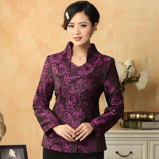 Rose Pattern V Neck Chinese Style Jacket with Butterfly Button