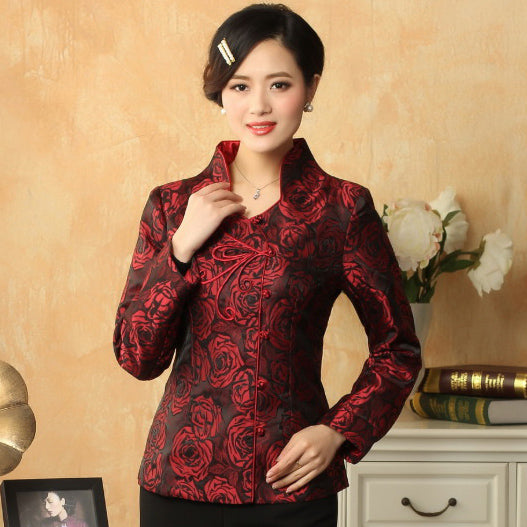 Rose Pattern V Neck Chinese Style Jacket with Butterfly Button