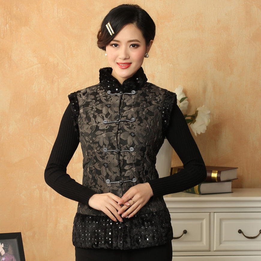 Fur Collar & Edge Brocade Chinese Waistcoat with Strap Buttons