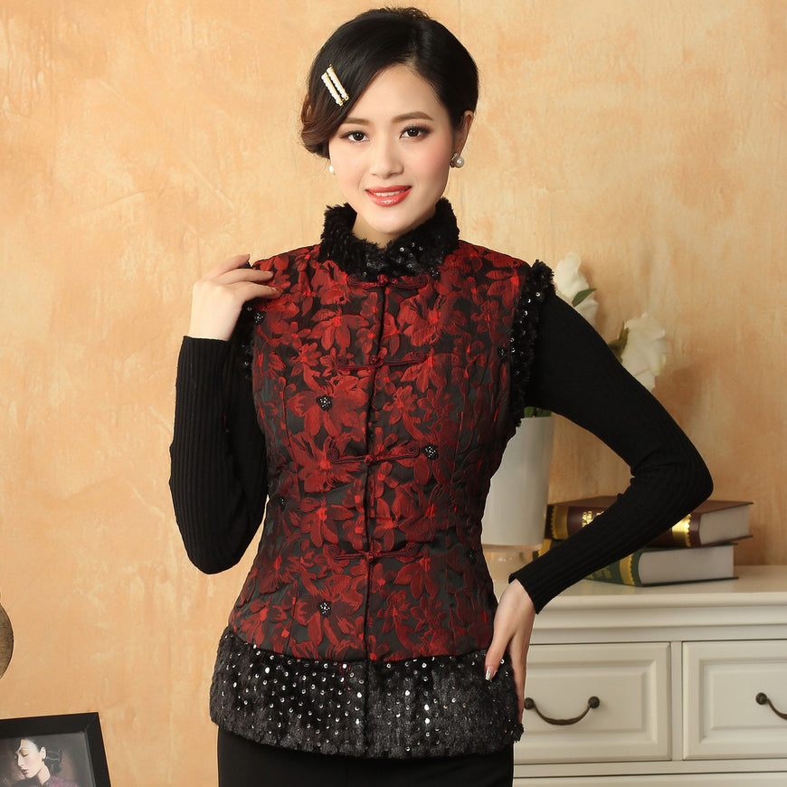 Fur Collar & Edge Brocade Chinese Waistcoat with Strap Buttons