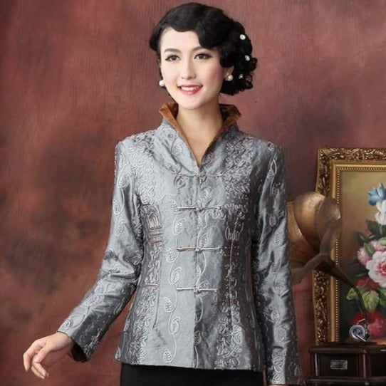 V Neck Stand Collar Fancy Cotton Chinese Style Jacket with Strap Buttons