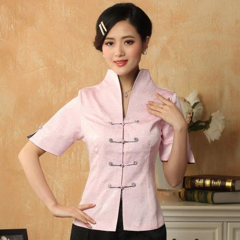 Mandarin Sleeve V Neck Signature Cotton Chinese Style Shirt