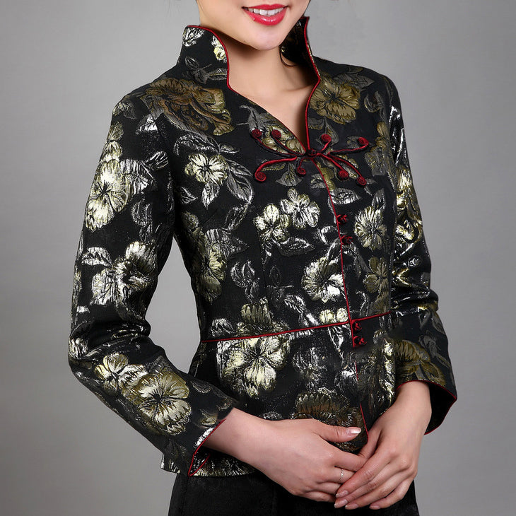 Stand Collar V Neck Floral Brocade Silk Chinese Style Jacket