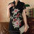 Camicia cinese in filato elastico con ricamo a peonia e paillettes con maniche ad aletta Illusion