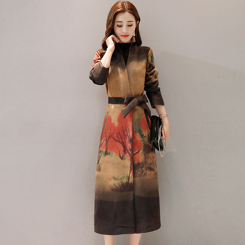 Long Sleeve Tea Length Suede Chinese Style Wind Coat