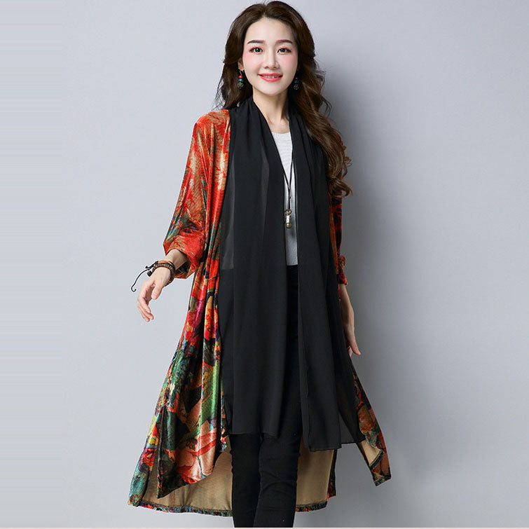 Velvet & Chiffon Joint Chinese Style Floral Shawl