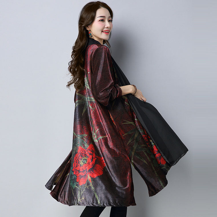 Velvet & Chiffon Joint Chinese Style Floral Shawl