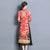 Half Sleeve V Neck Silk Cheongsam Dress with Chiffon Skirt