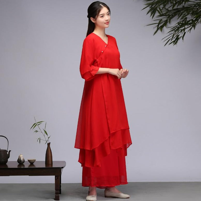 V Neck Lotus Sleeve Liziqi Hanfu Chiffon Traditional Chinese Costume