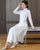 Long Sleeve Floral Embroidery Full Length Knitted Ao Dai Dress