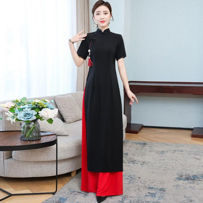 Half Sleeve Full Length Knitted Ao Dai Dress with Tassel