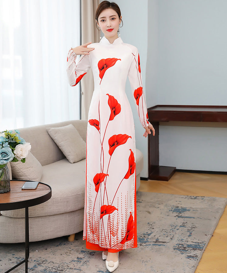 Lily Print Long Sleeve Full Length Chiffon Ao Dai Dress