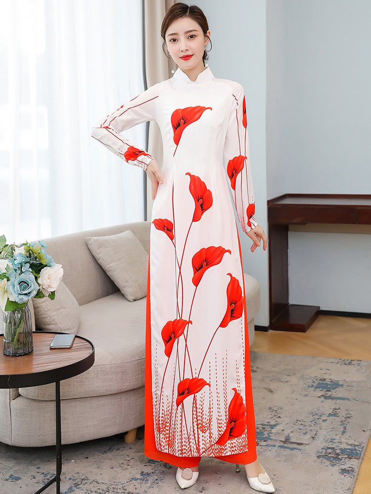 Lily Print Long Sleeve Full Length Chiffon Ao Dai Dress