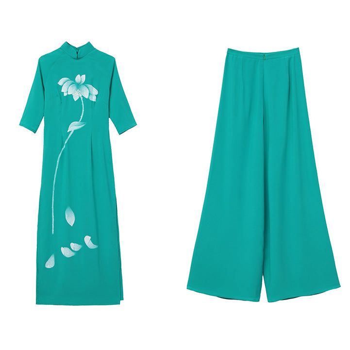 Lotus Print Long Sleeve Full Length Chiffon Ao Dai Dress
