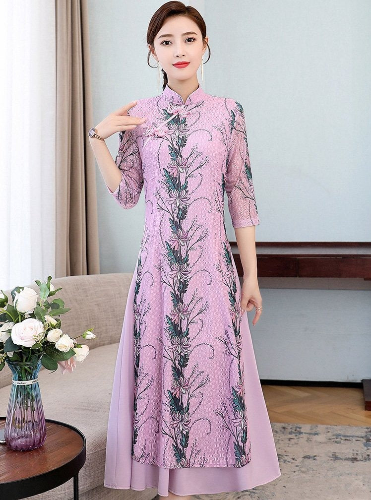 Mandarin Collar 3/4 Sleeve Full Length Floral Lace Ao Dai Dress