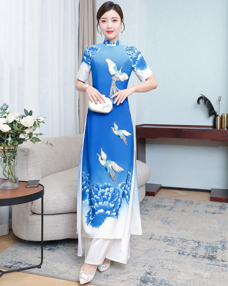 Phoenix Embroidery Short Sleeve Full Length Chiffon Ao Dai Dress
