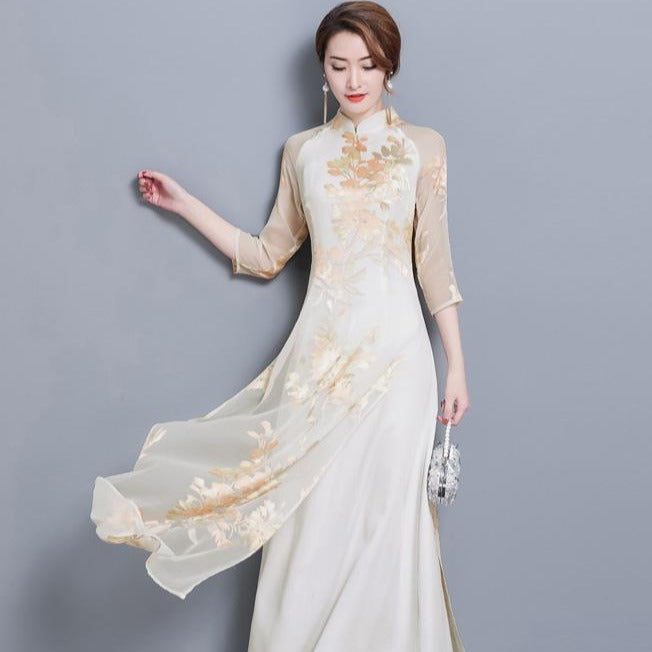 Mandarin Collar 3/4 Sleeve Full Length Floral Print Ao Dai Dress