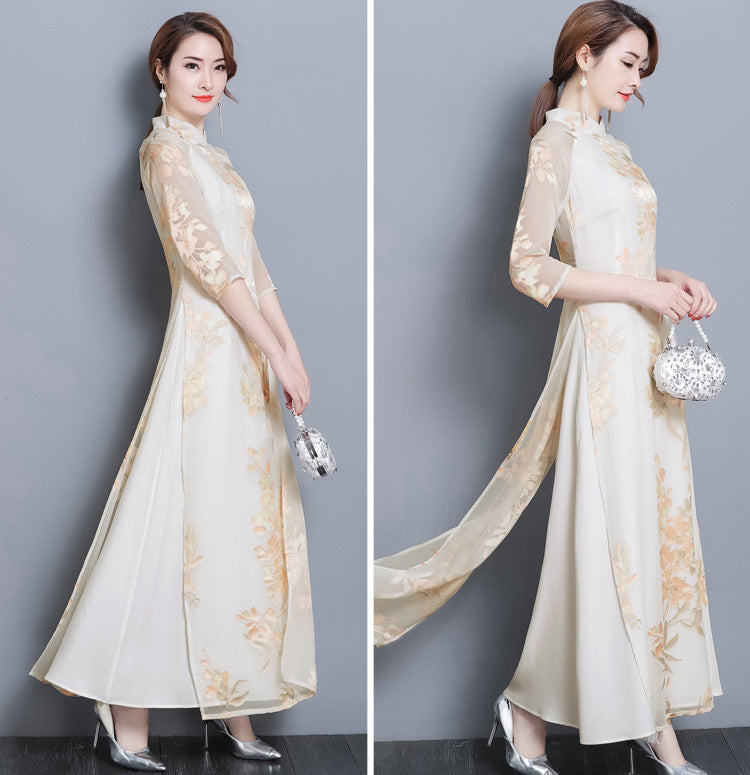 Mandarin Collar 3/4 Sleeve Full Length Floral Print Ao Dai Dress