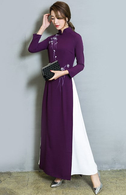 Mandarin Collar Long Sleeve Full Length Floral Chiffon Ao Dai Dress