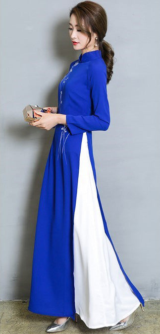 Mandarin Collar Long Sleeve Full Length Floral Chiffon Ao Dai Dress