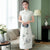 Mandarin Collar Cap Sleeve Tea Length Floral Chiffon Ao Dai Dress