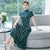 Mandarin Collar Cap Sleeve Tea Length Floral Chiffon Ao Dai Dress