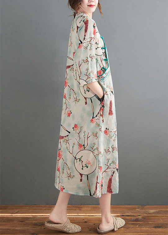 Mandarin Collar Hanfu Floral Causal Dress Traiditonal Chinese Costume
