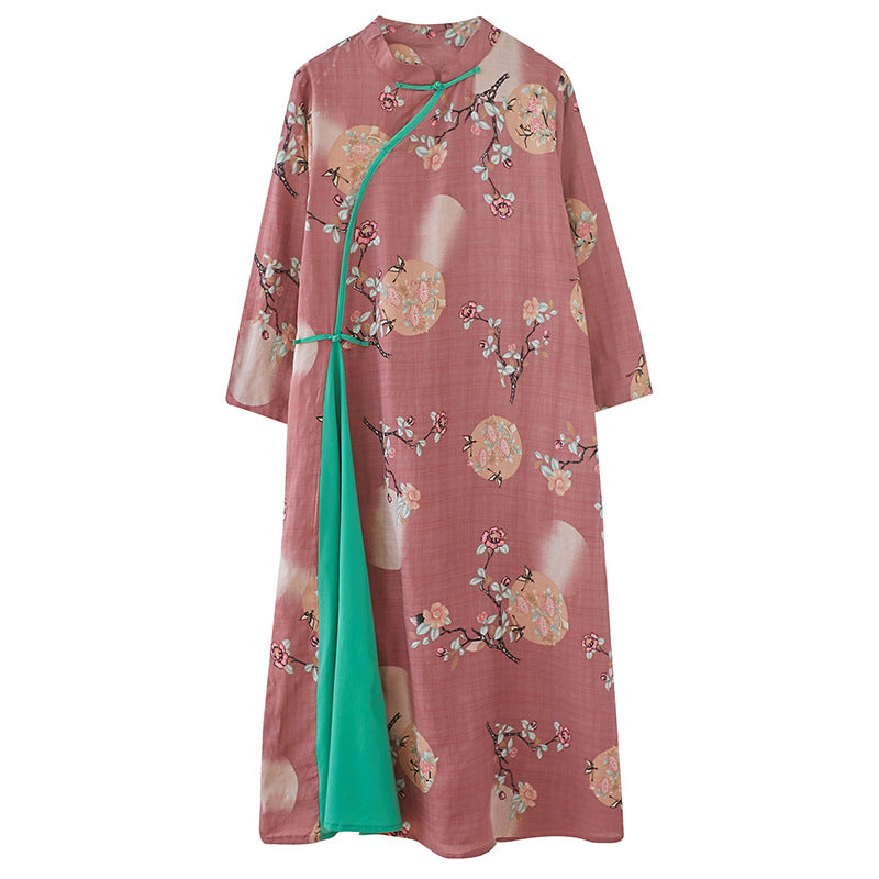 Mandarin Collar Hanfu Floral Causal Dress Traiditonal Chinese Costume