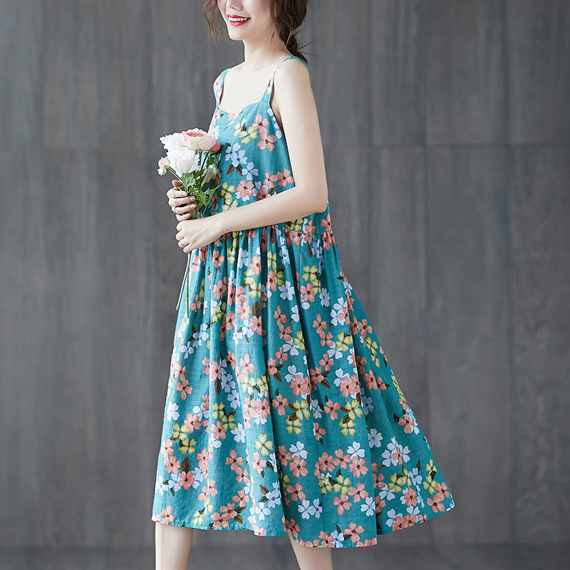 Retro Floral Tea Length Slip Dress Oriental Sundress