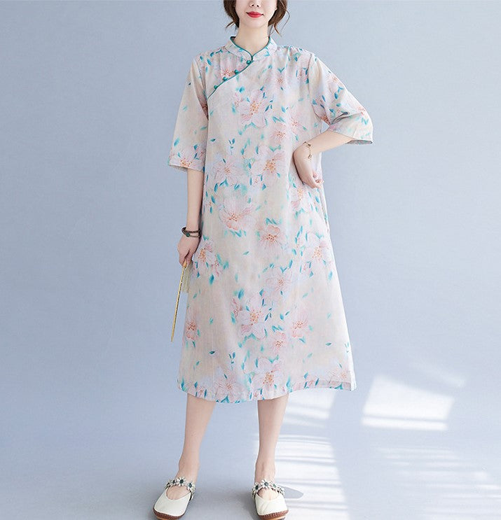 Mandarin Collar Floral Ramie Fabric Cheongsam Chinese Style Casual Dress
