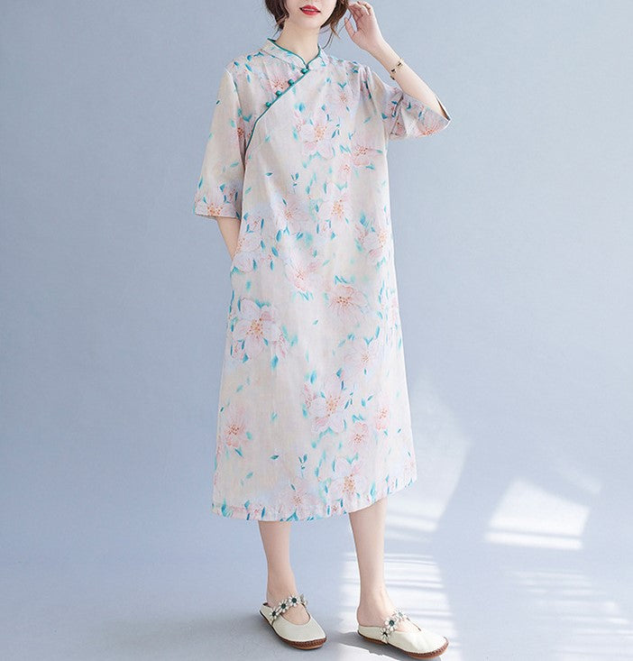 Mandarin Collar Floral Ramie Fabric Cheongsam Chinese Style Casual Dress