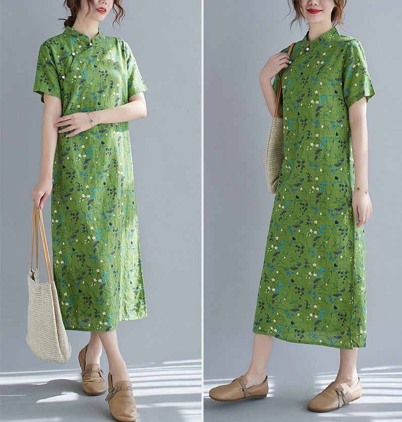 Short Sleeve Floral Ramie Fabric Cheongsam Chinese Style Casual Dress